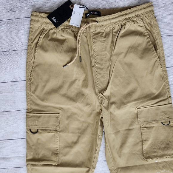 Men's Tan Cargo Pants Tapered Fit And Elastic Waitband - Picture 8 of 15